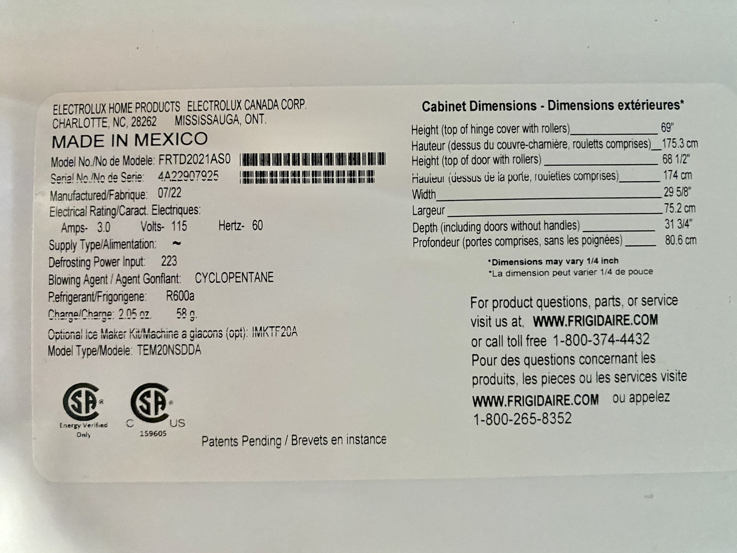 Frigidaire Refrigerator Silver CC1