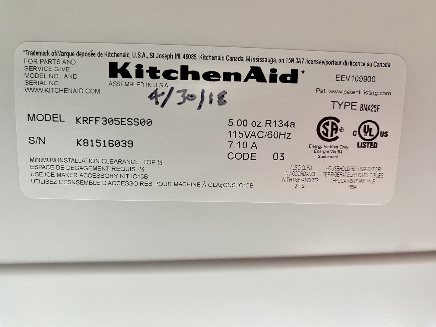 KitchenAid Refrigerator Silver CI2