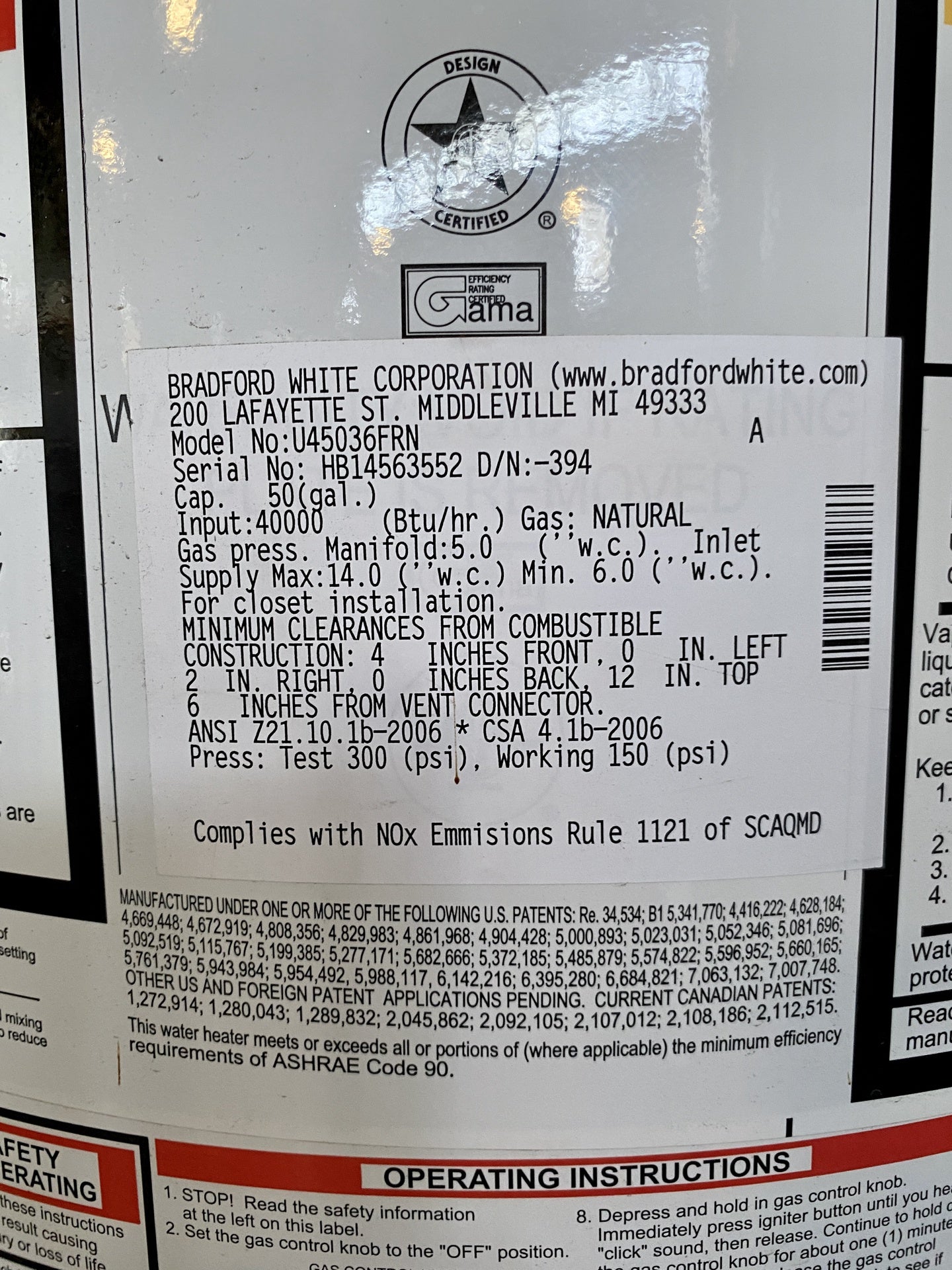 Bradford White Water Heater CC1