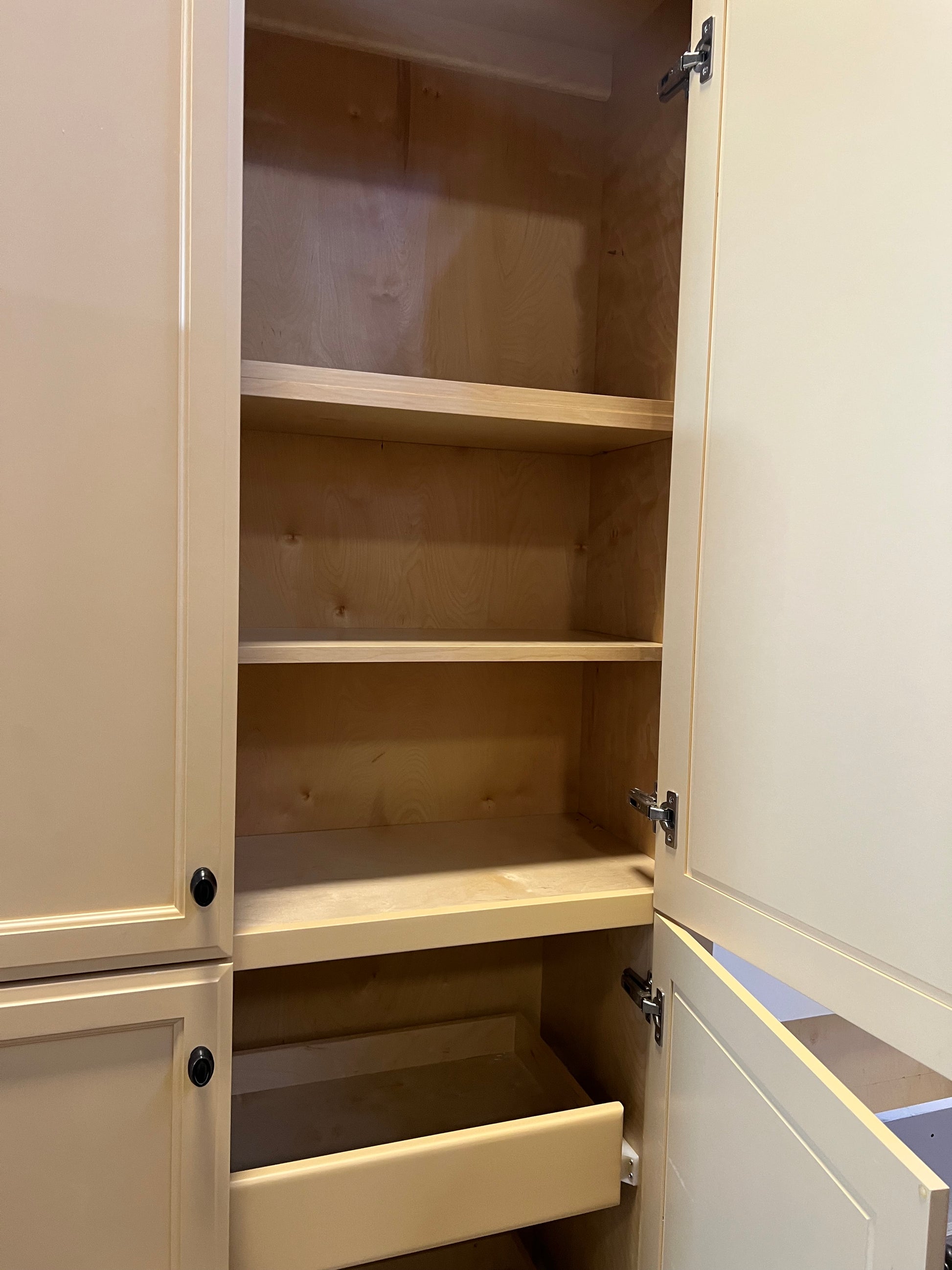 Pantry cabinet open doors and shelving
