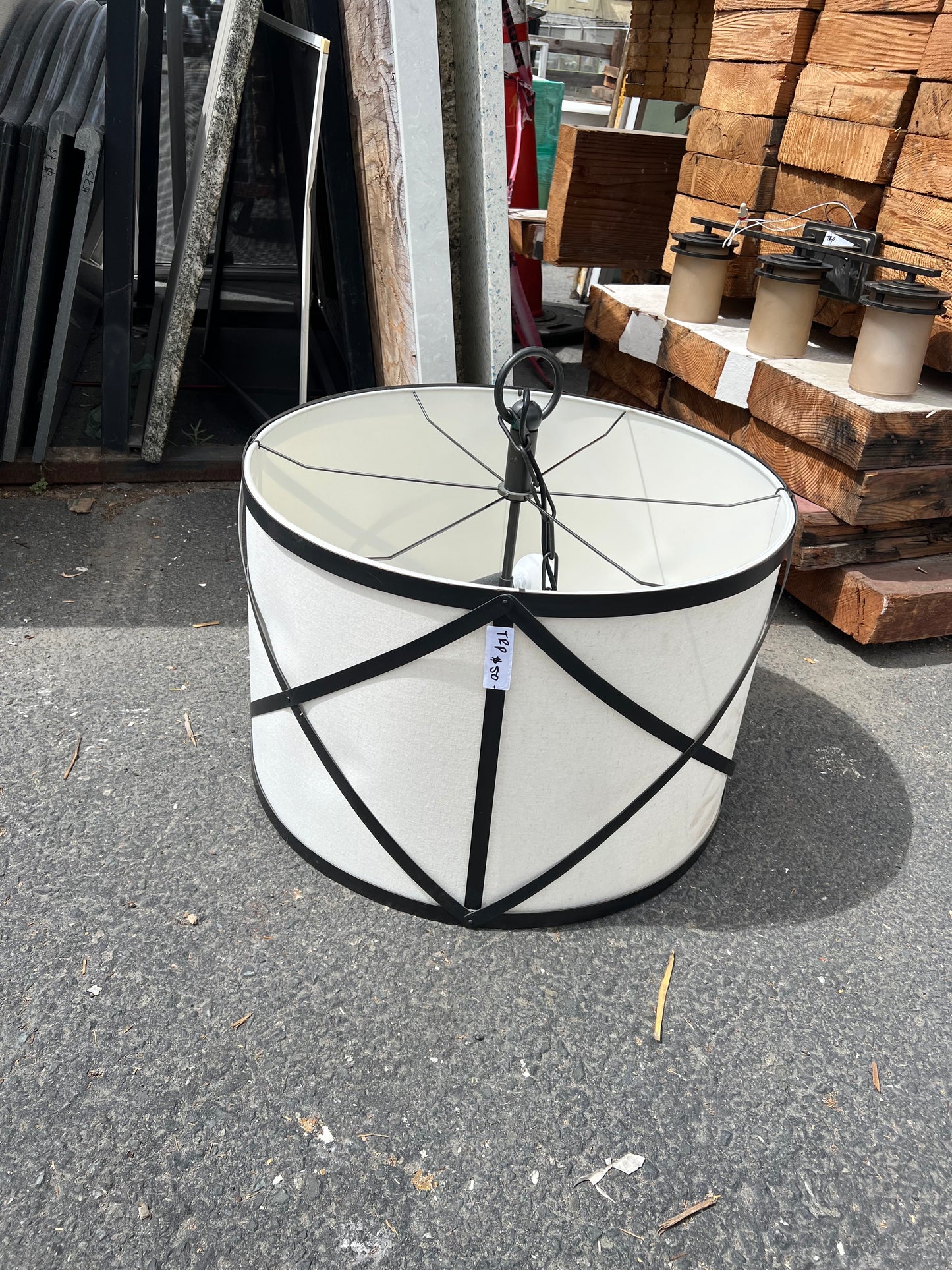 Pendant drum light white shade black X cage Oakland