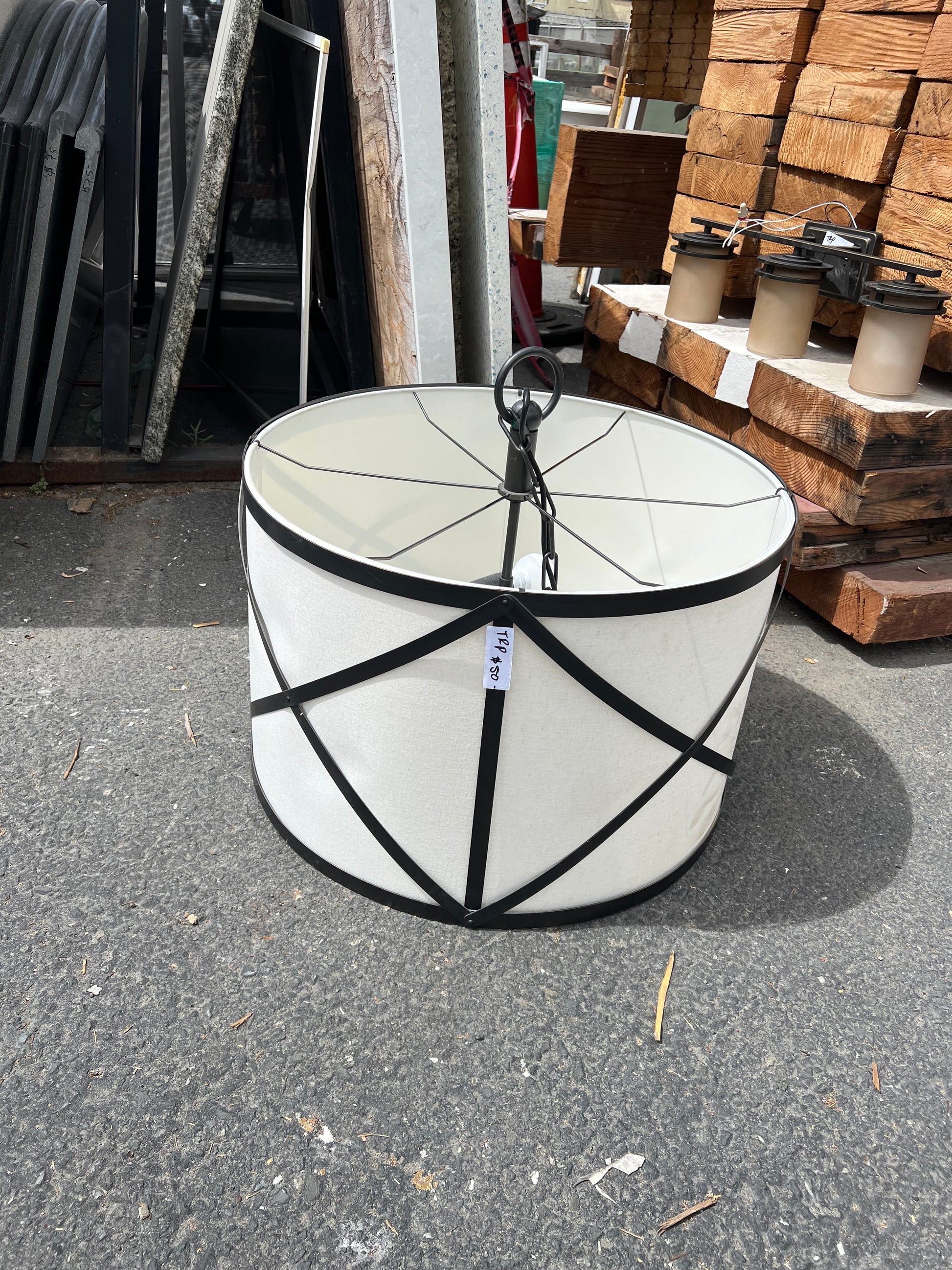 Pendant drum light white shade black X cage Oakland