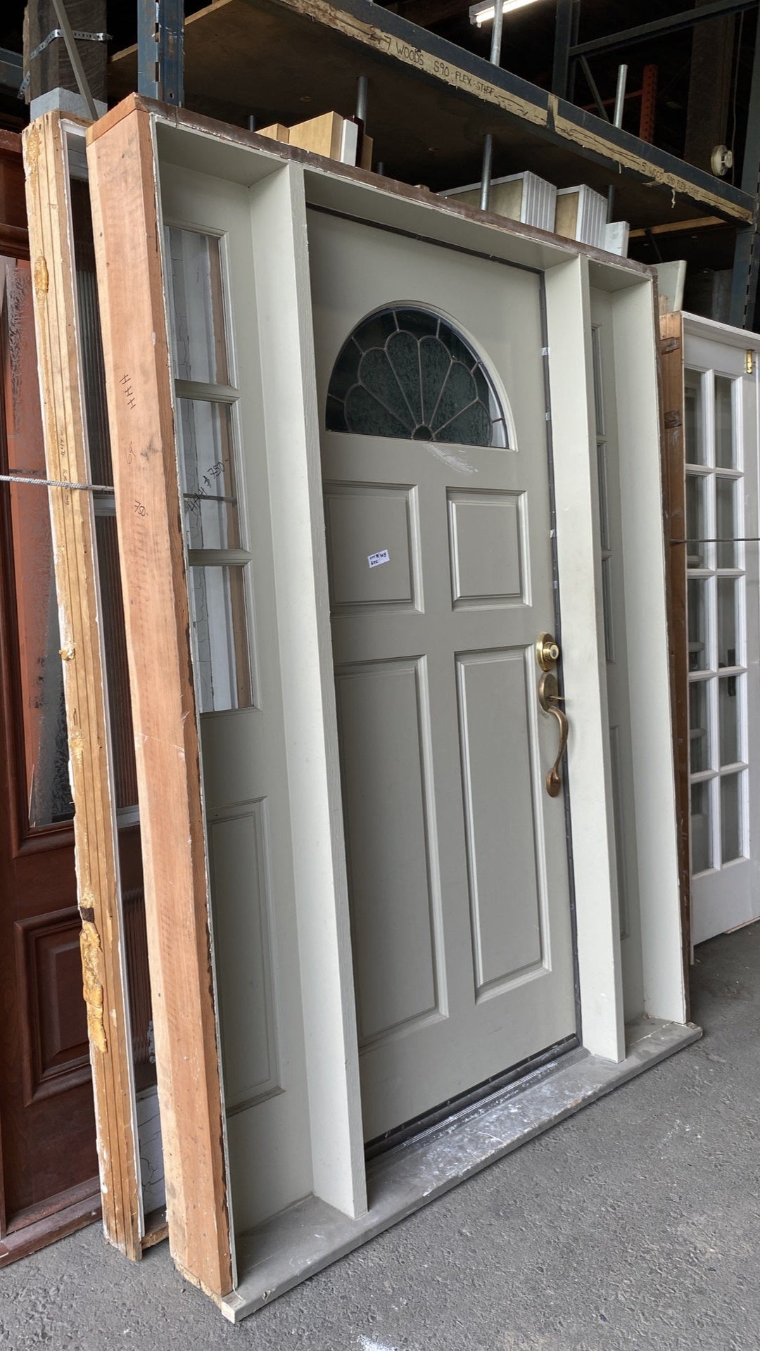Gray Paneled Front Door with Sidelights HHH