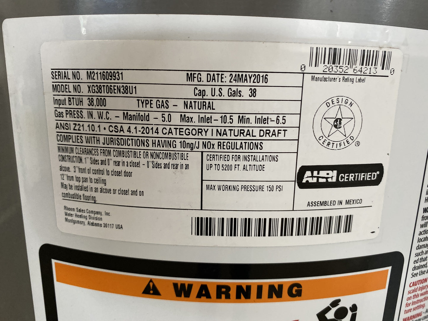 Rheem Water Heater TRP