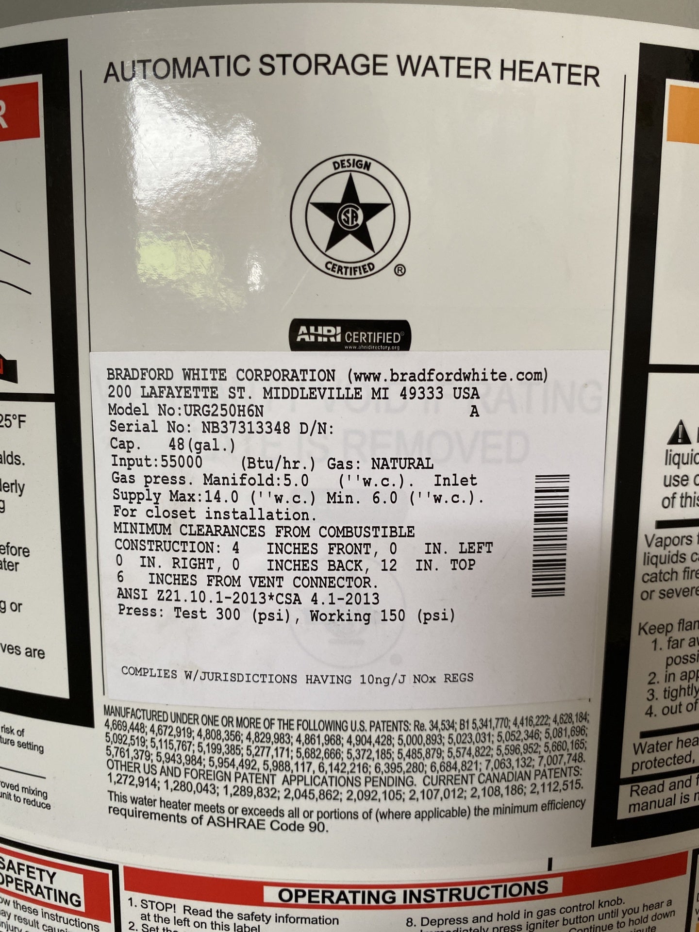 Bradford White Water Heater TRP