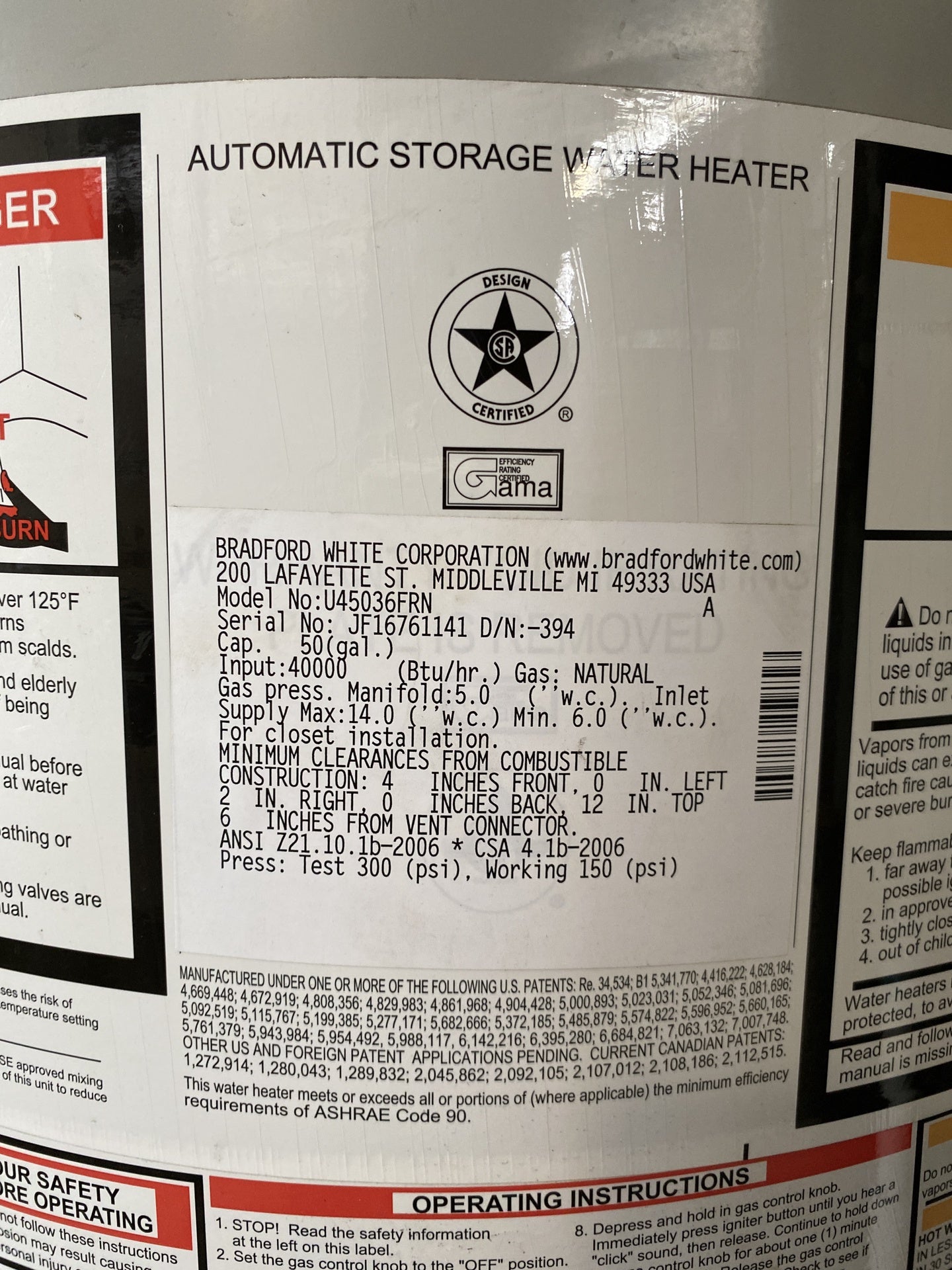 Bradford White Water Heater BV5