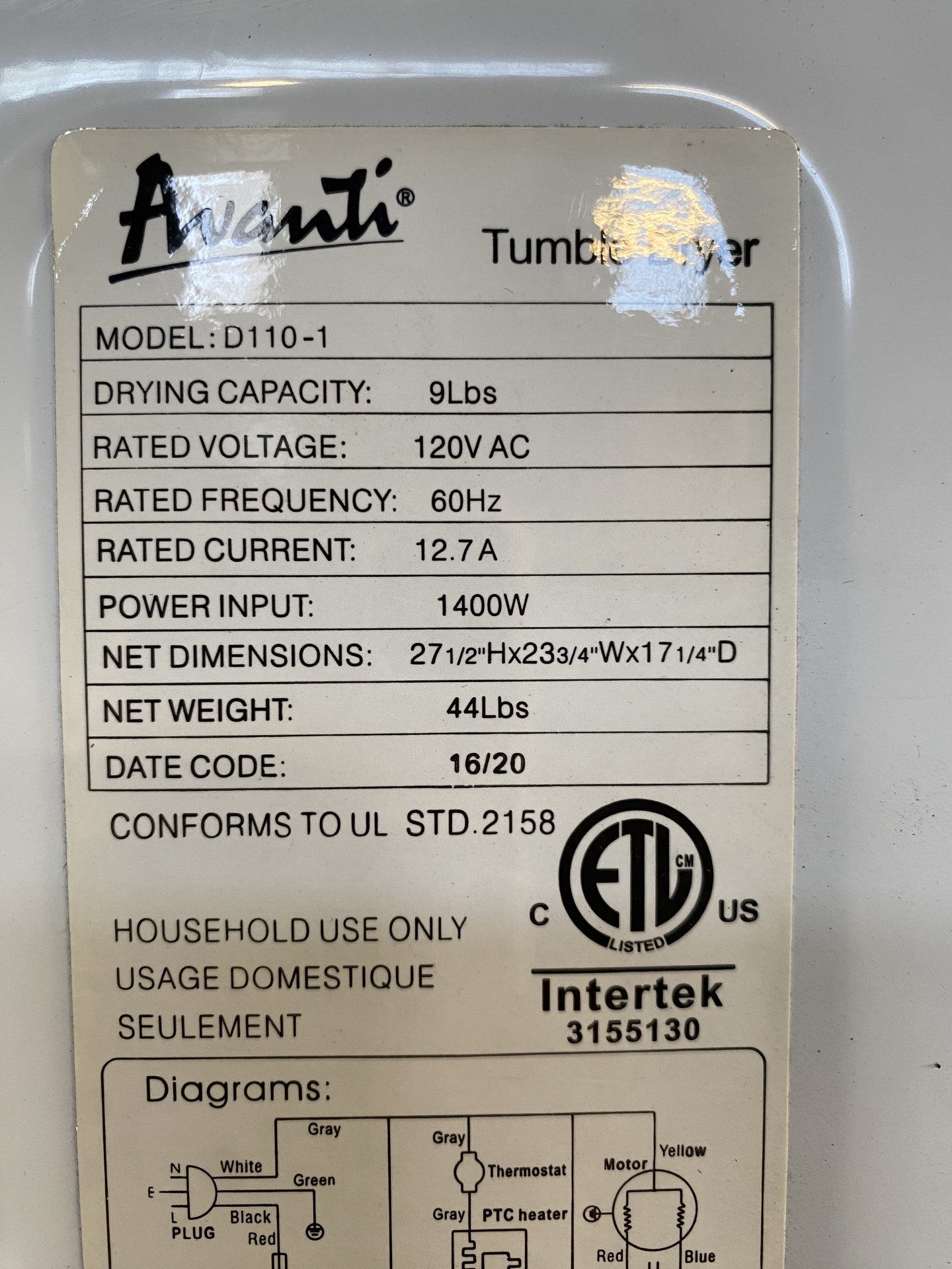 Avanti Compact Dryer 120 Volt TRP