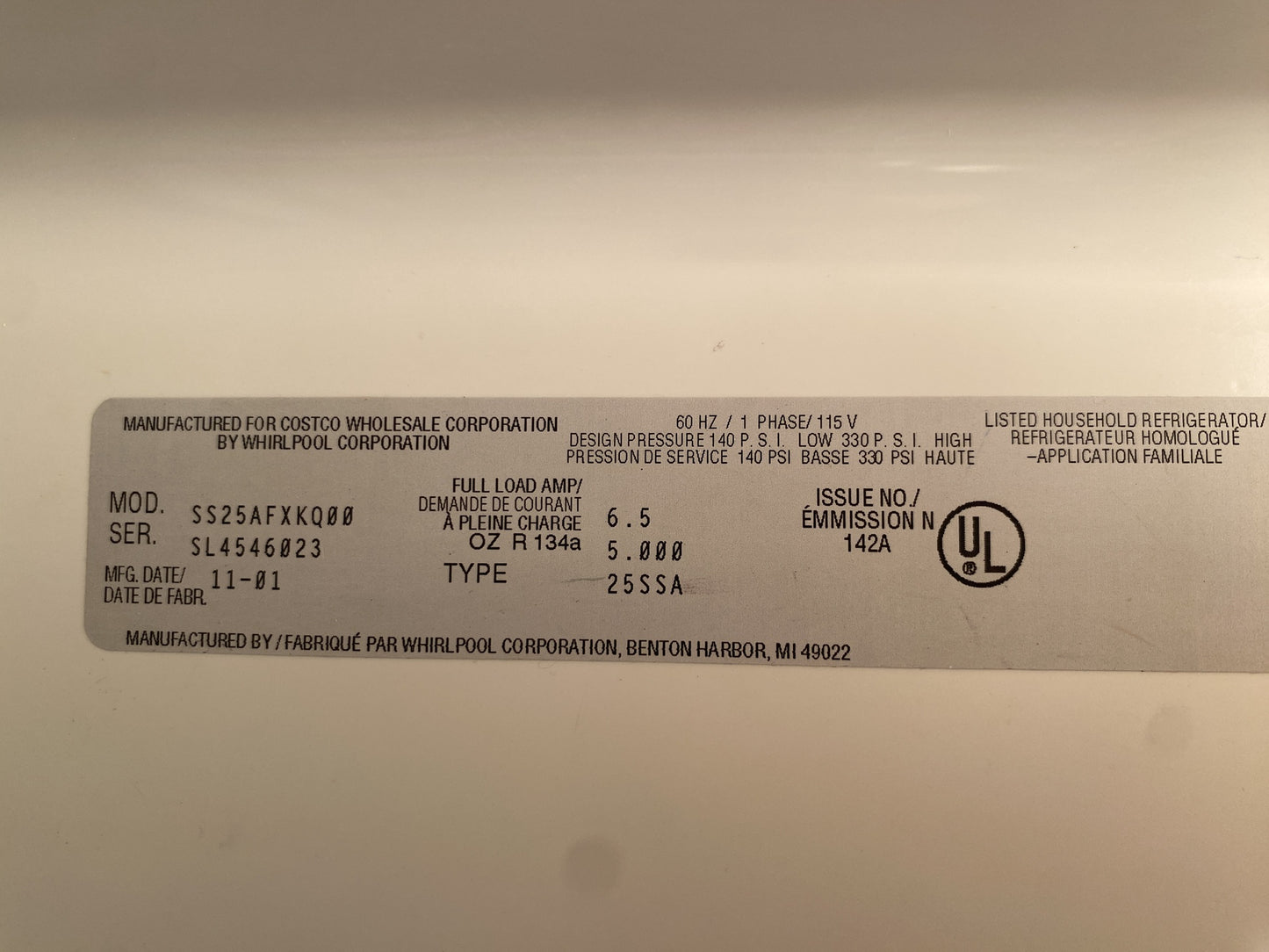Kirkland Whirlpool Refrigerator CF3