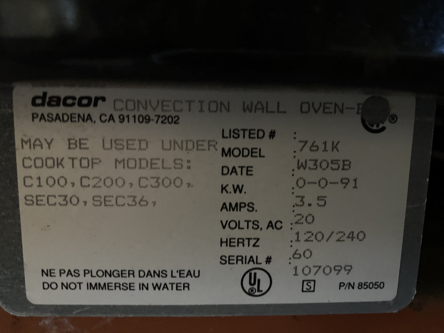 Black Dacor Single Oven TRP