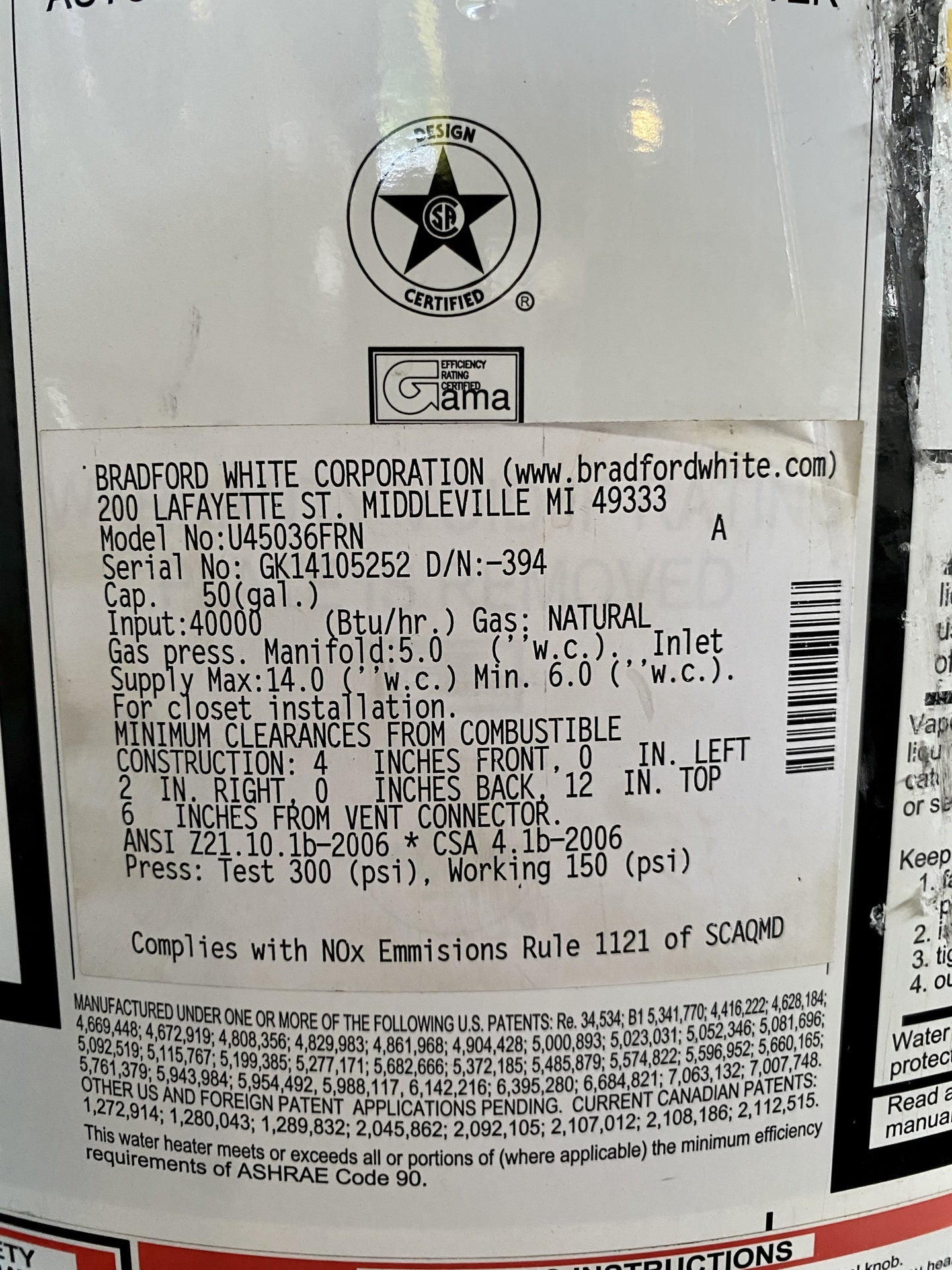 Bradford White Water Heater CF3