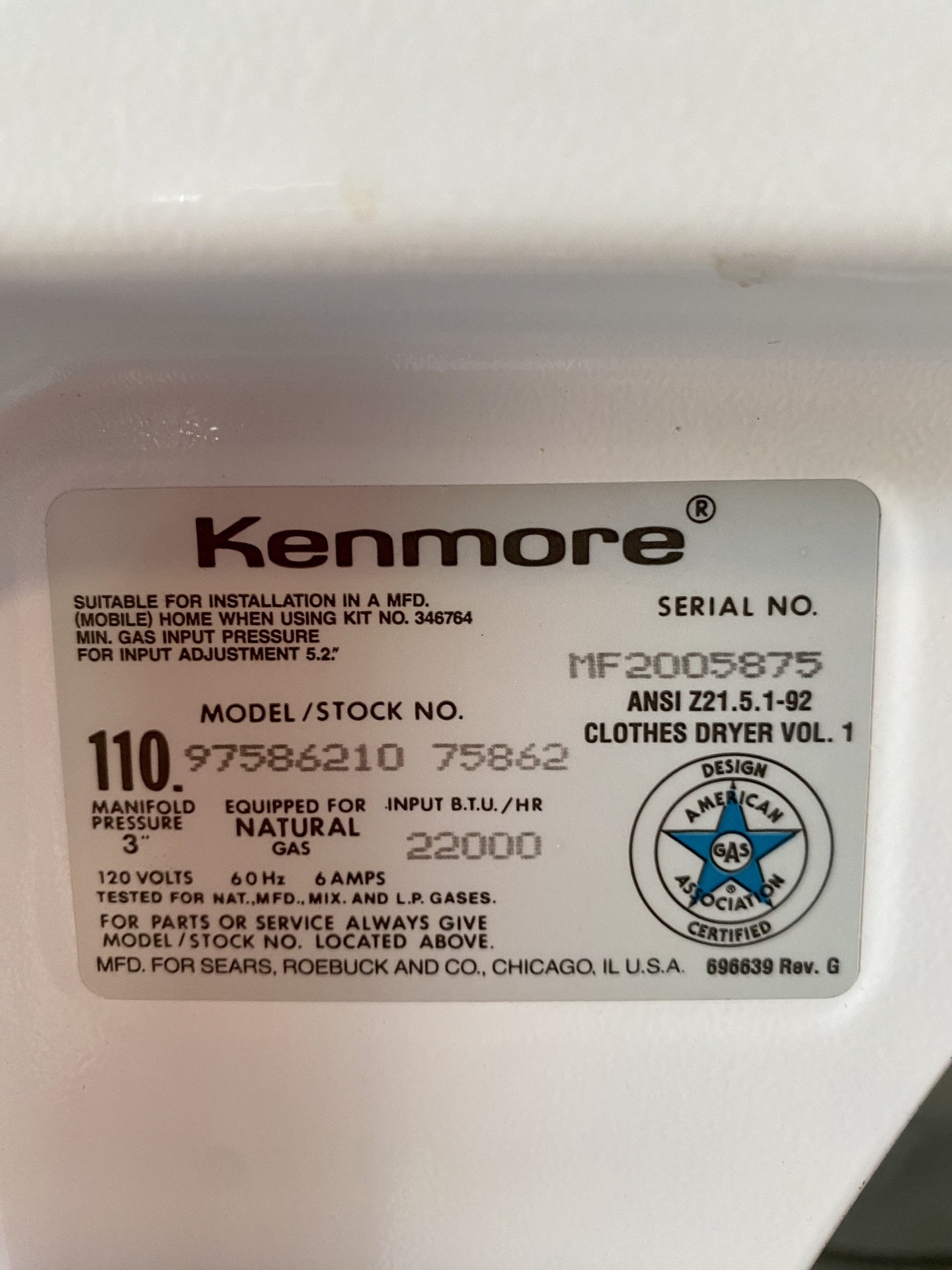 Kenmore Dryer 80 Series TRP