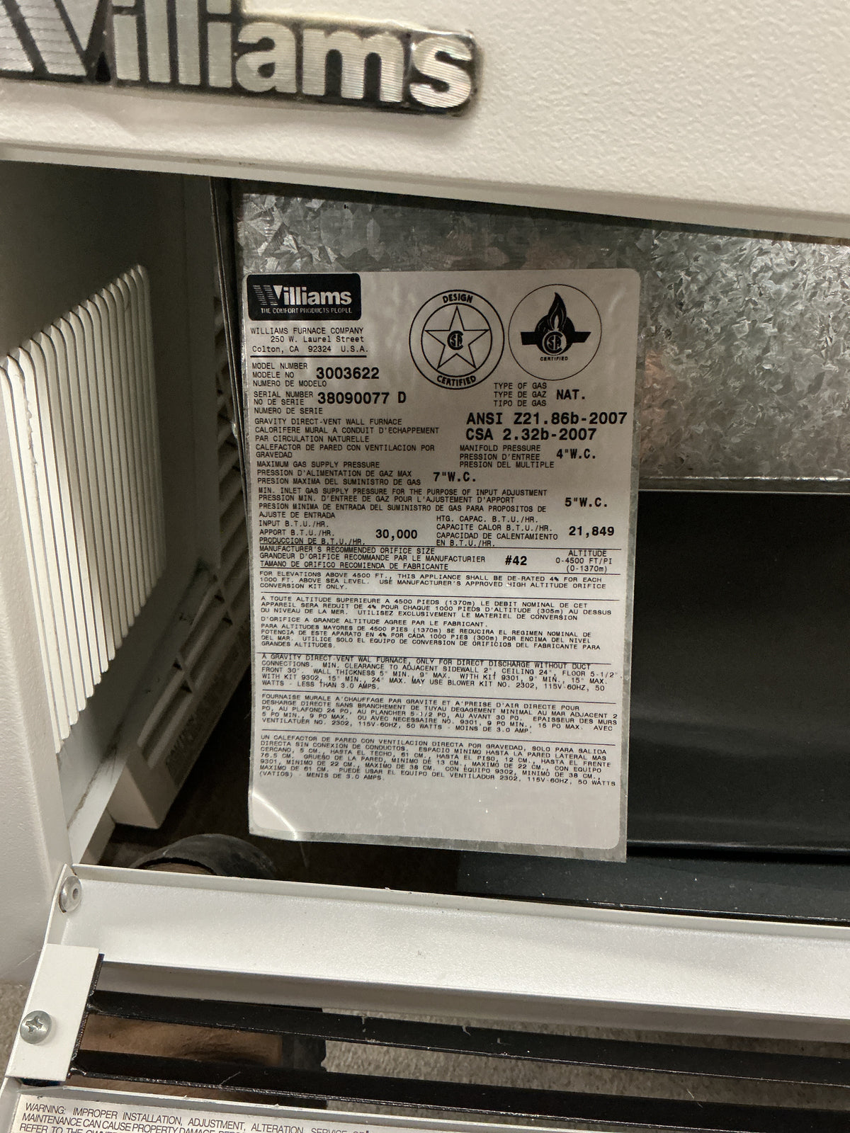 Wall Heater, Williams, Gas, TRP