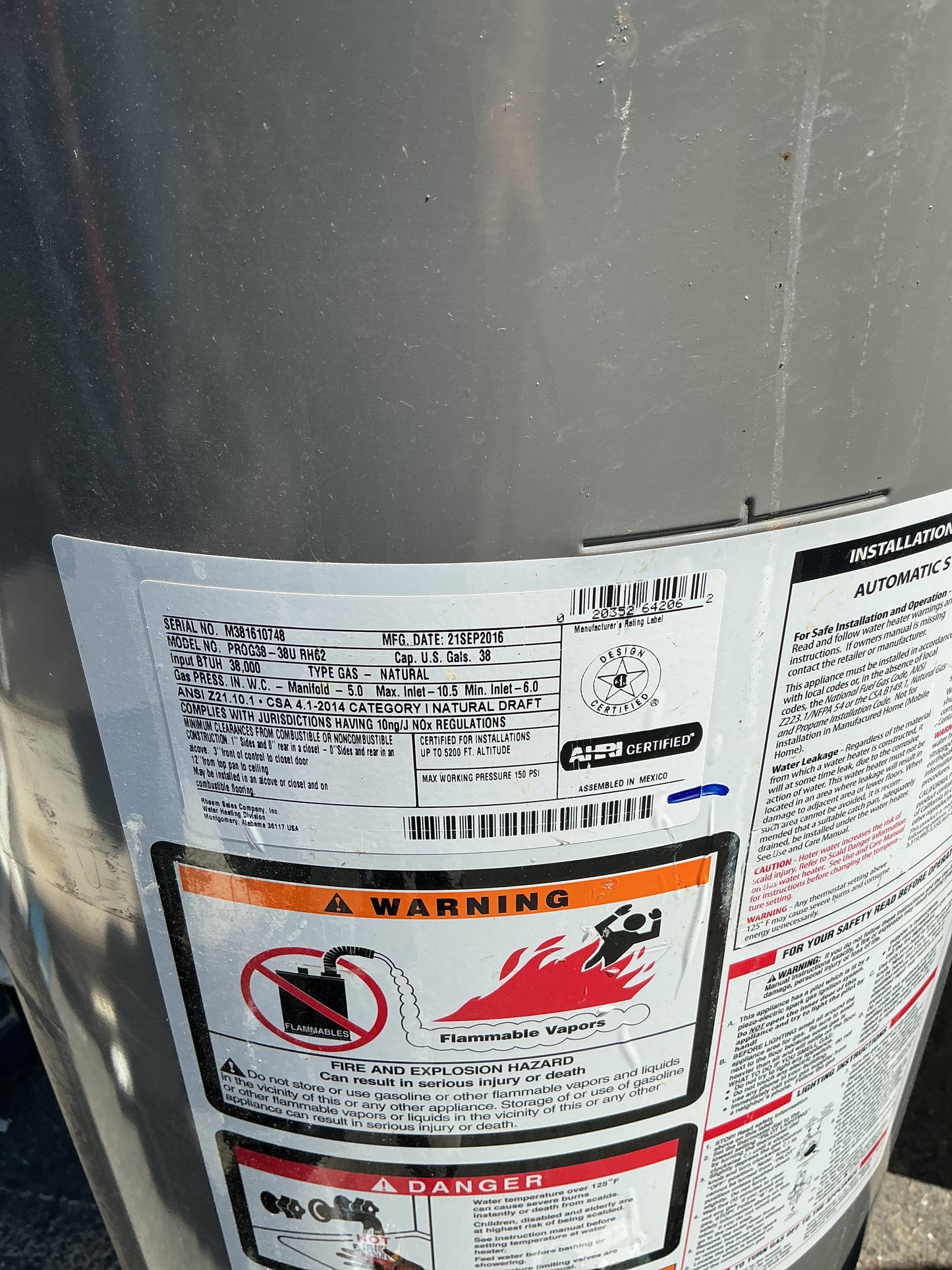 Water heater, Rheem, 19", CY2