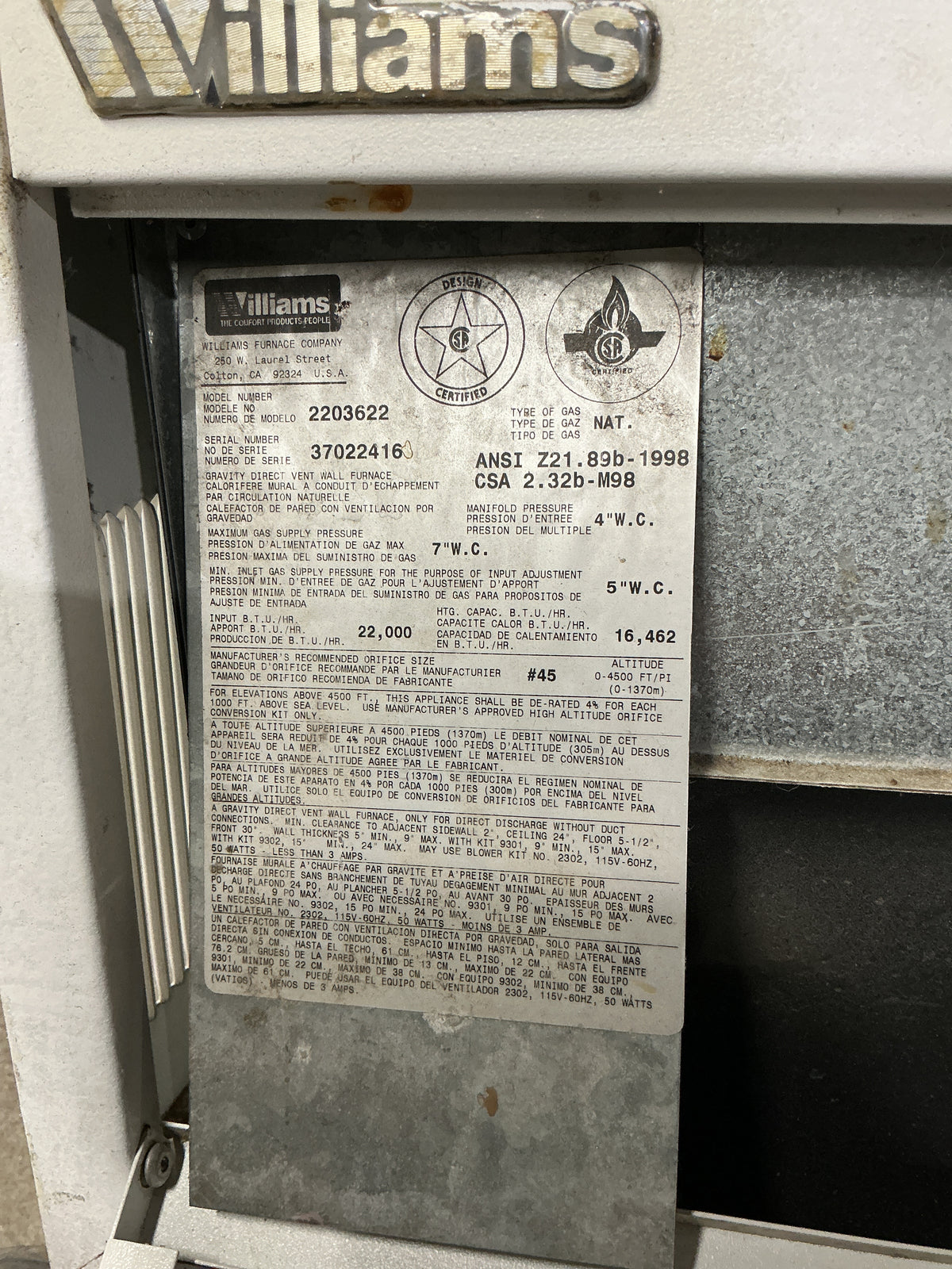 Wall Heater, Williams, Gas, TRP